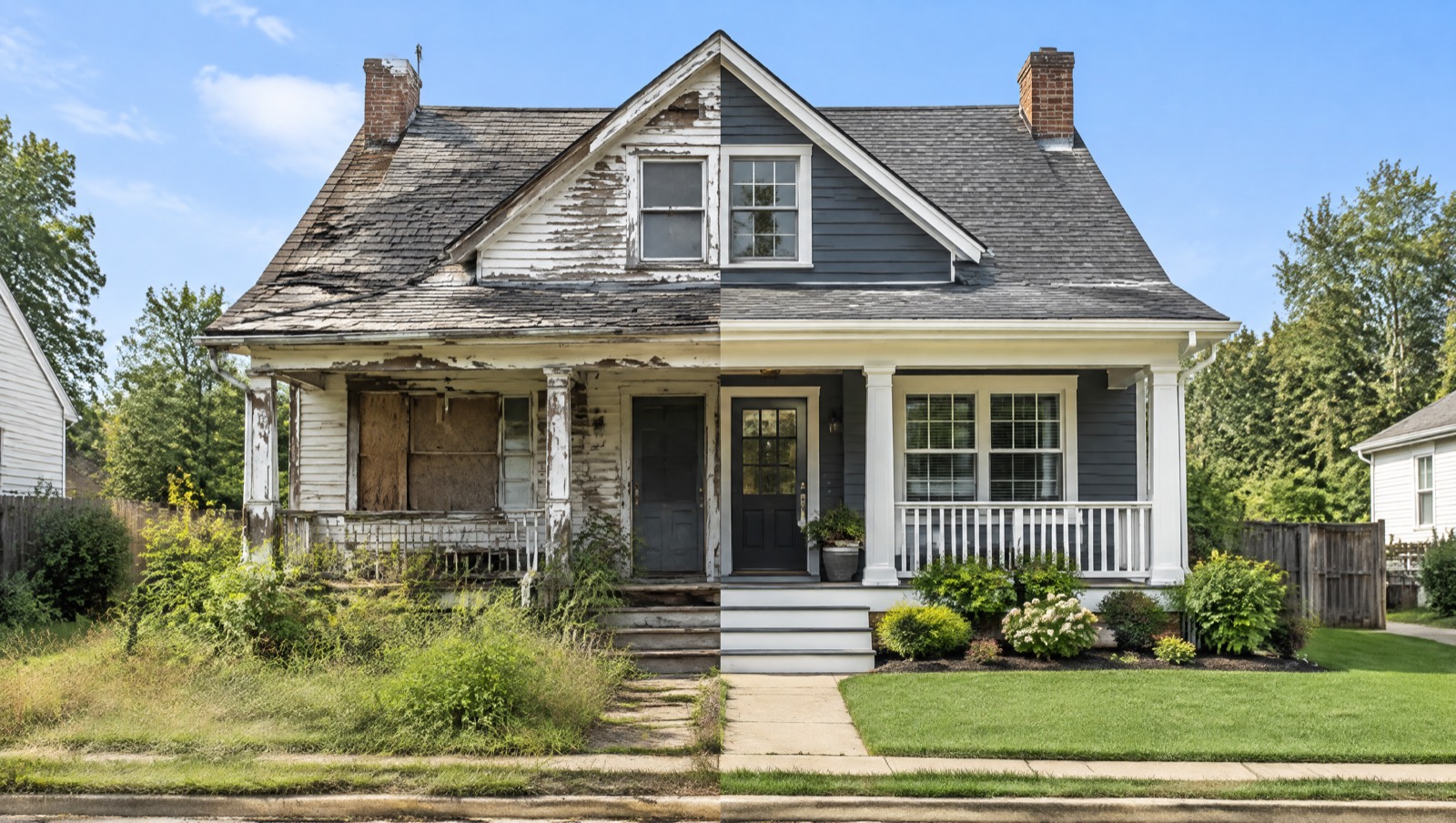 Before and after: a distressed foreclosure on the left, fully renovated on the right, same house